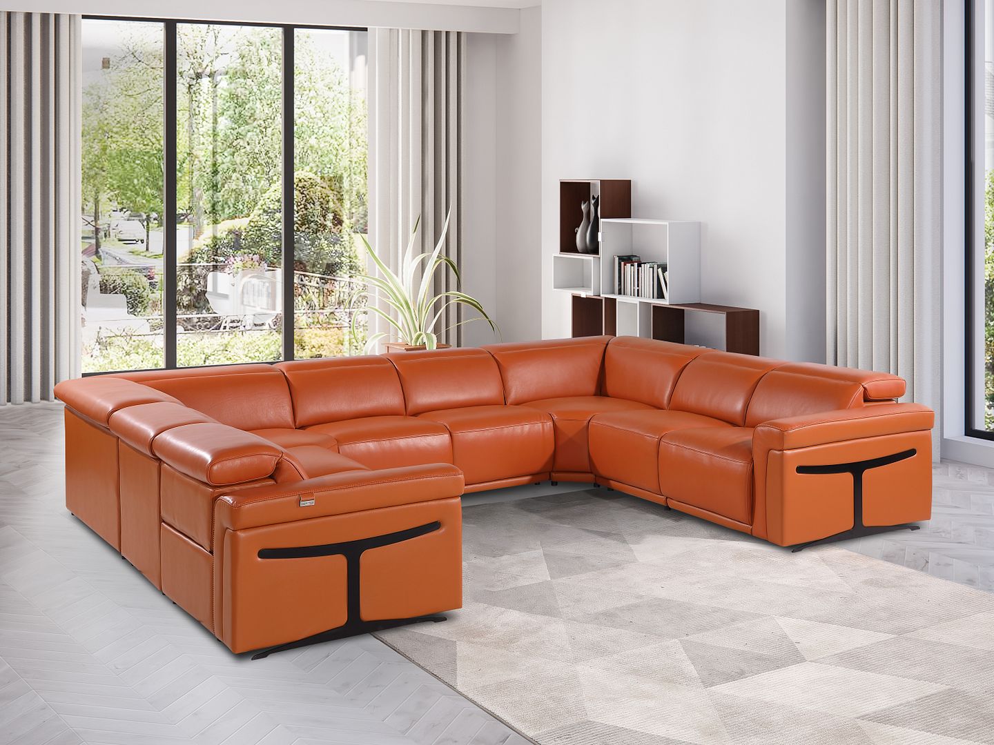 1126 Divanitalia 8-Piece U-Shaped Sectional Sofa in Top Grain Italian Leather with 4 Power Recliners & Power Headrests - Camel