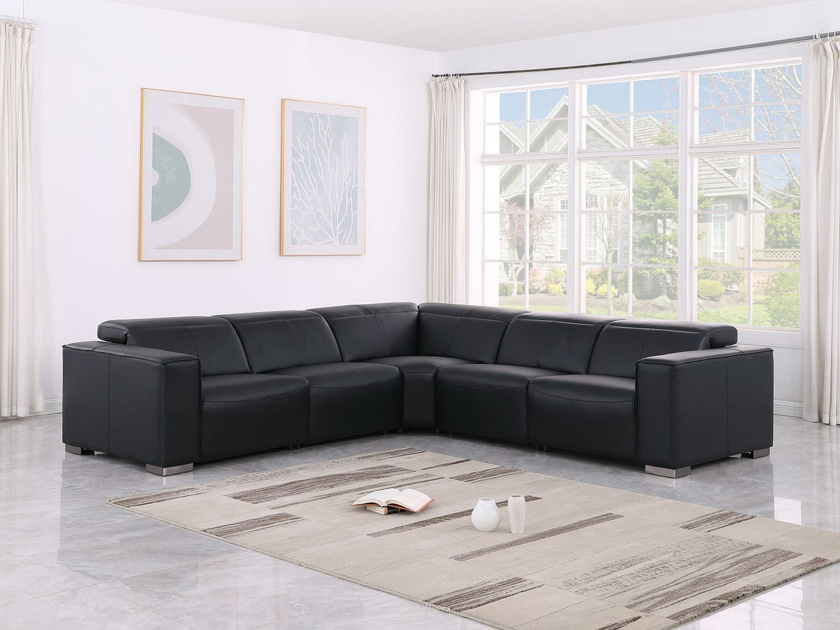 1208 Leather Reclining Set - Sofa & Loveseat with 4 Power Recliners - Black - SKU 1208-BLACK-5PC-3PWR-SECTIONAL- GROUP