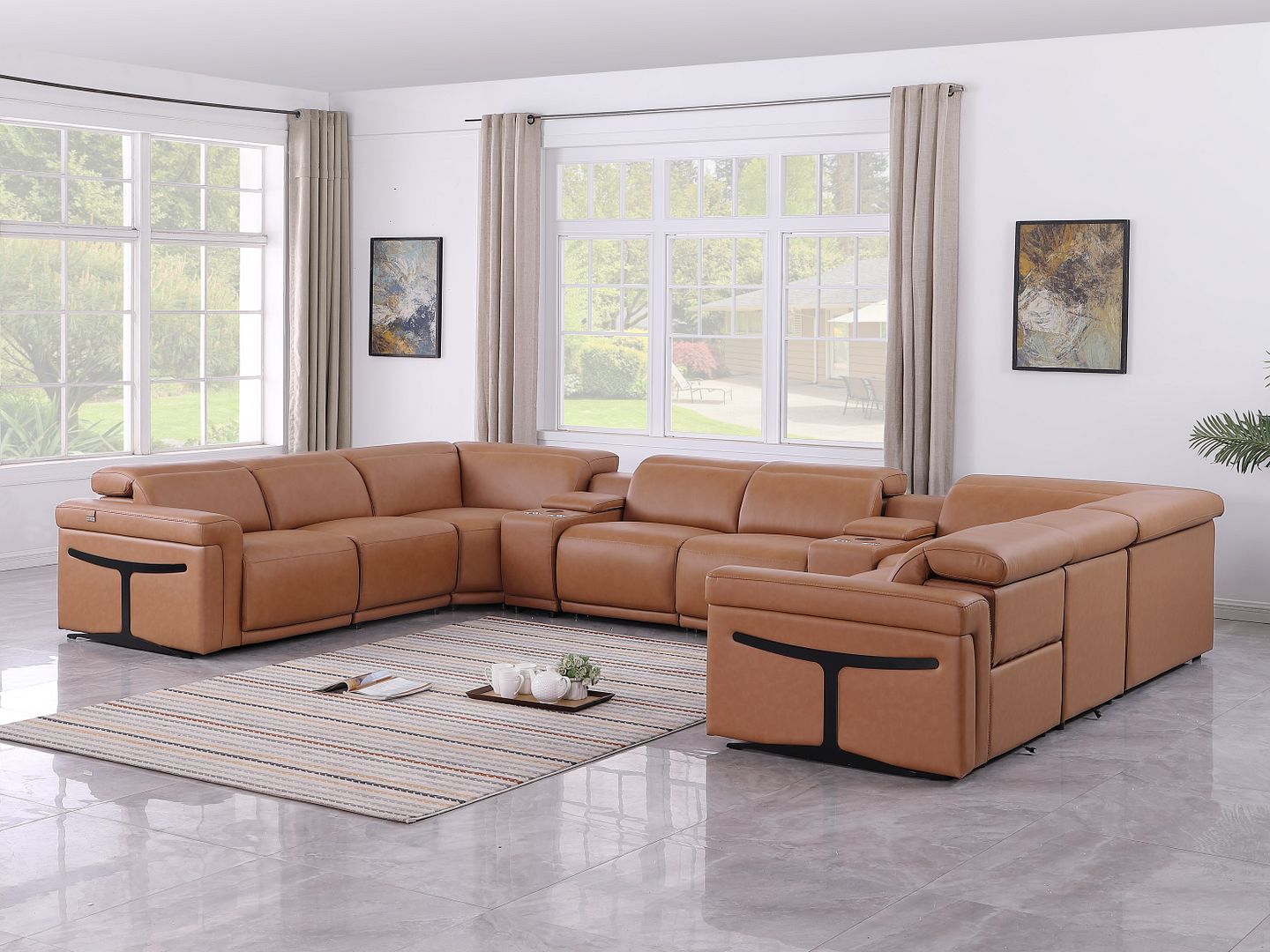 1126 Divanitalia 10-Piece U-Shaped Sectional Sofa in Top Grain Italian Leather with 4 Power Recliners & Power Headrests - Cognac - SKU 1126-COGNAC-10PC-4PWR-U-SECTIONAL-GROUP