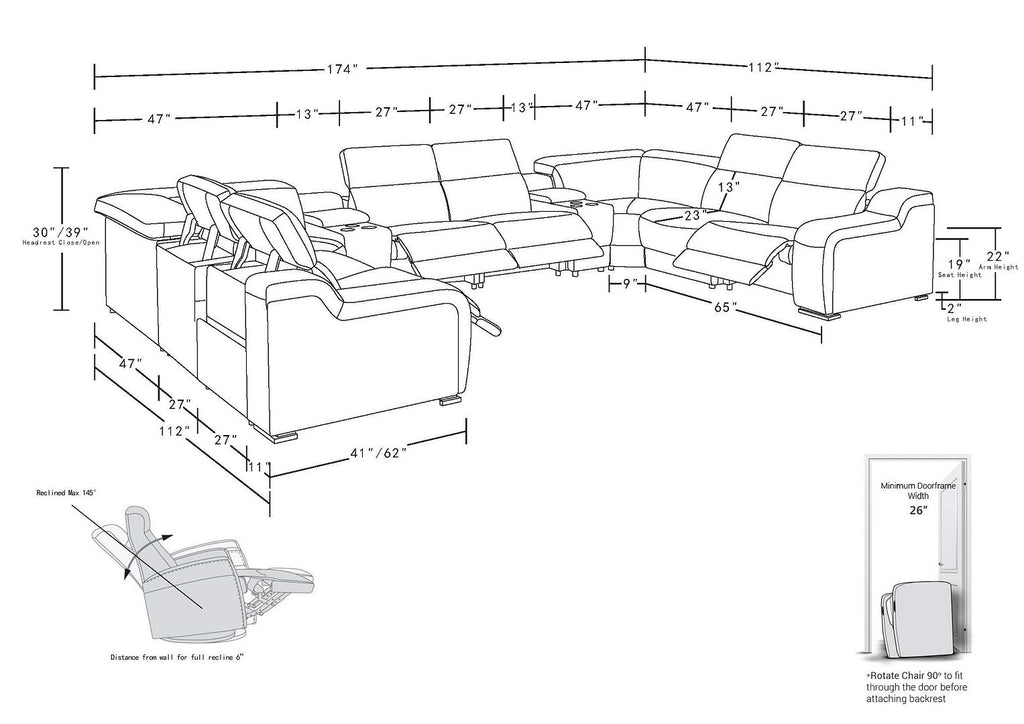 1116 Divanitalia 10-Piece U-Shaped Sectional Sofa in Top Grain Italian Leather with 4 Power Recliners & Power Headrests - White - SKU 1116-WHITE-10PC-4PWR-U-SECTIONAL-GROUP - view 17