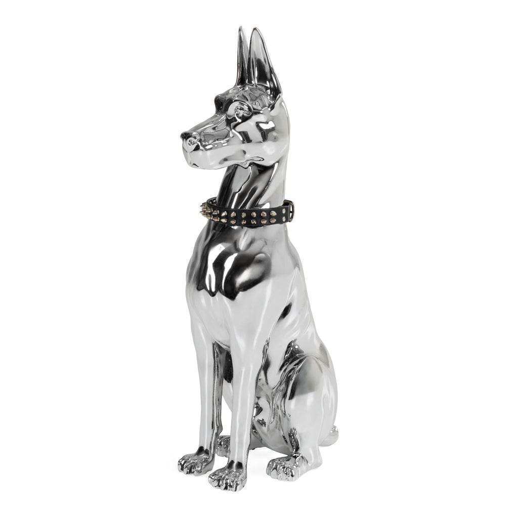 Doberman Dog - Silver Fiberglass Sculpture