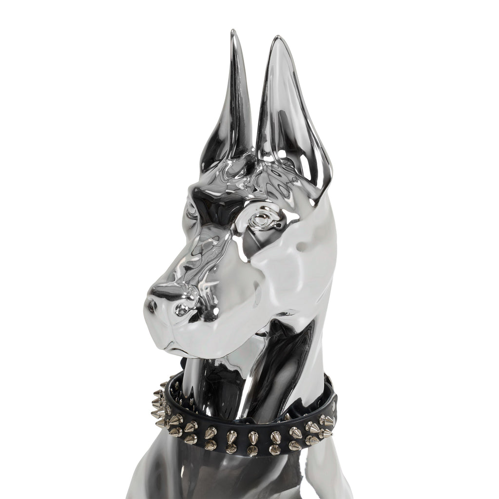 Doberman Dog - Silver Fiberglass Sculpture
