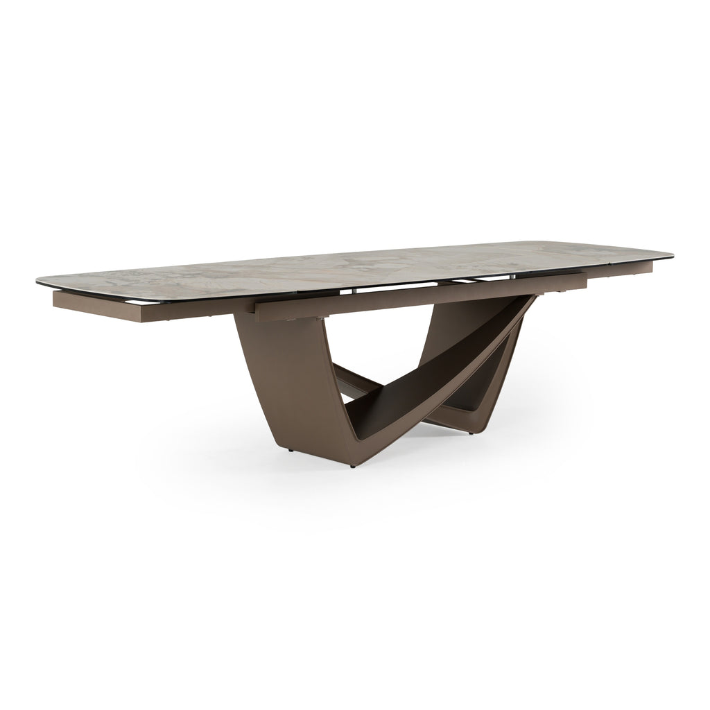 Dunster - Contemporary Beige Ceramic + Metallic Grey Extendable Dining Table