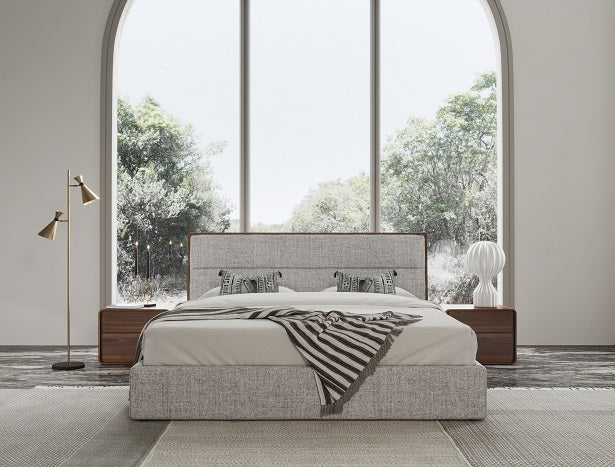 Dustin - Modern Grey Fabric & Walnut Trimmed Bed - Modern Grey Fabric & Walnut Trimmed Bed