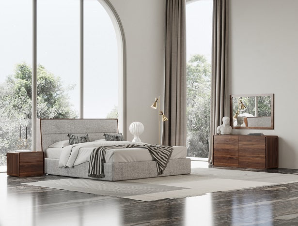 Dustin - Modern Grey Fabric & Walnut Trimmed Bedroom Set - Modern Grey Fabric & Walnut Trimmed Bedroom Set