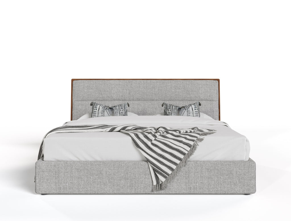 Dustin - Modern Grey Fabric & Walnut Trimmed Bed - Modern Grey Fabric & Walnut Trimmed Bed