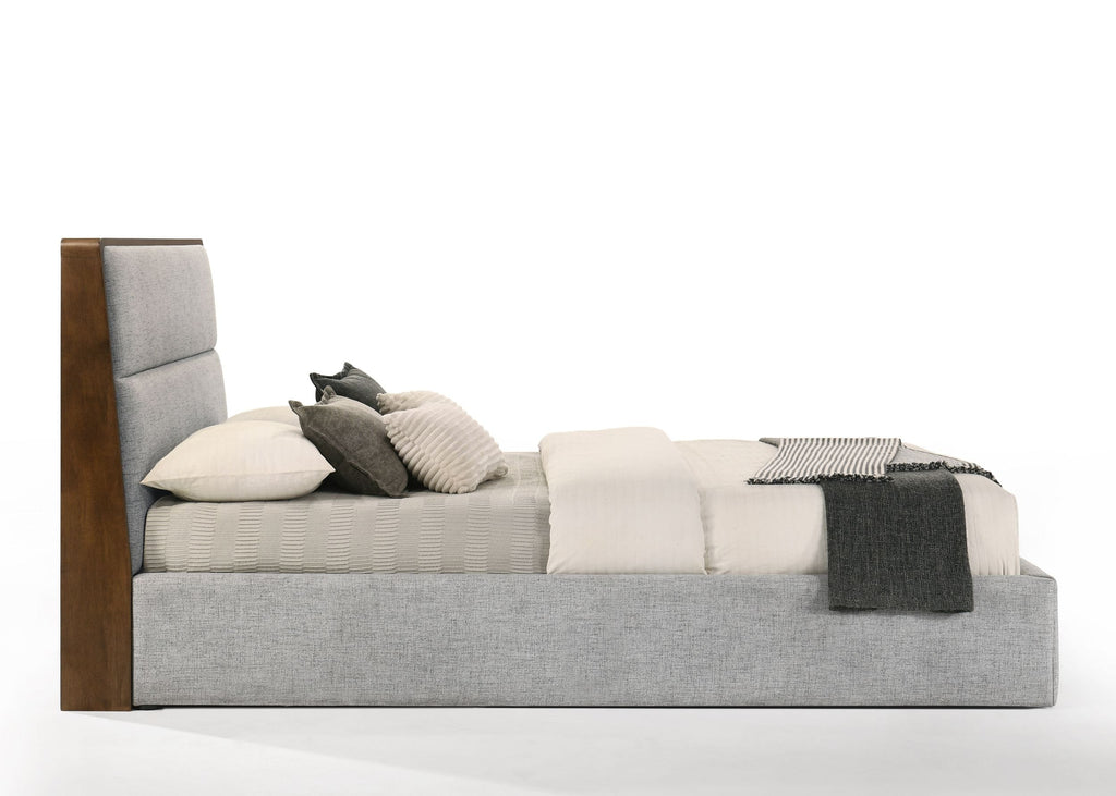 Dustin - Modern Grey Fabric & Walnut Trimmed Bed - Modern Grey Fabric & Walnut Trimmed Bed - Queen