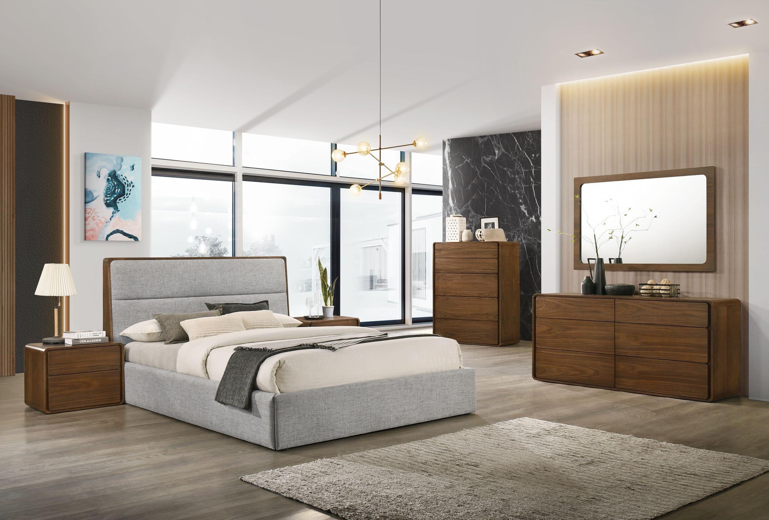 Dustin - Modern Grey Fabric & Walnut Trimmed Bed - Modern Grey Fabric & Walnut Trimmed Bed