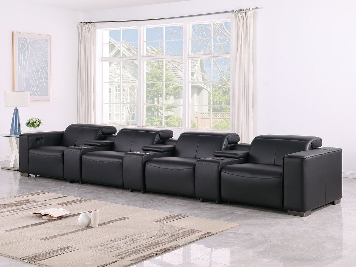 1208 7 Piece Leather Sofa with 4 Power Recliners and Power Headrests - Black - SKU 1208-BLACK-S-7.4-HT