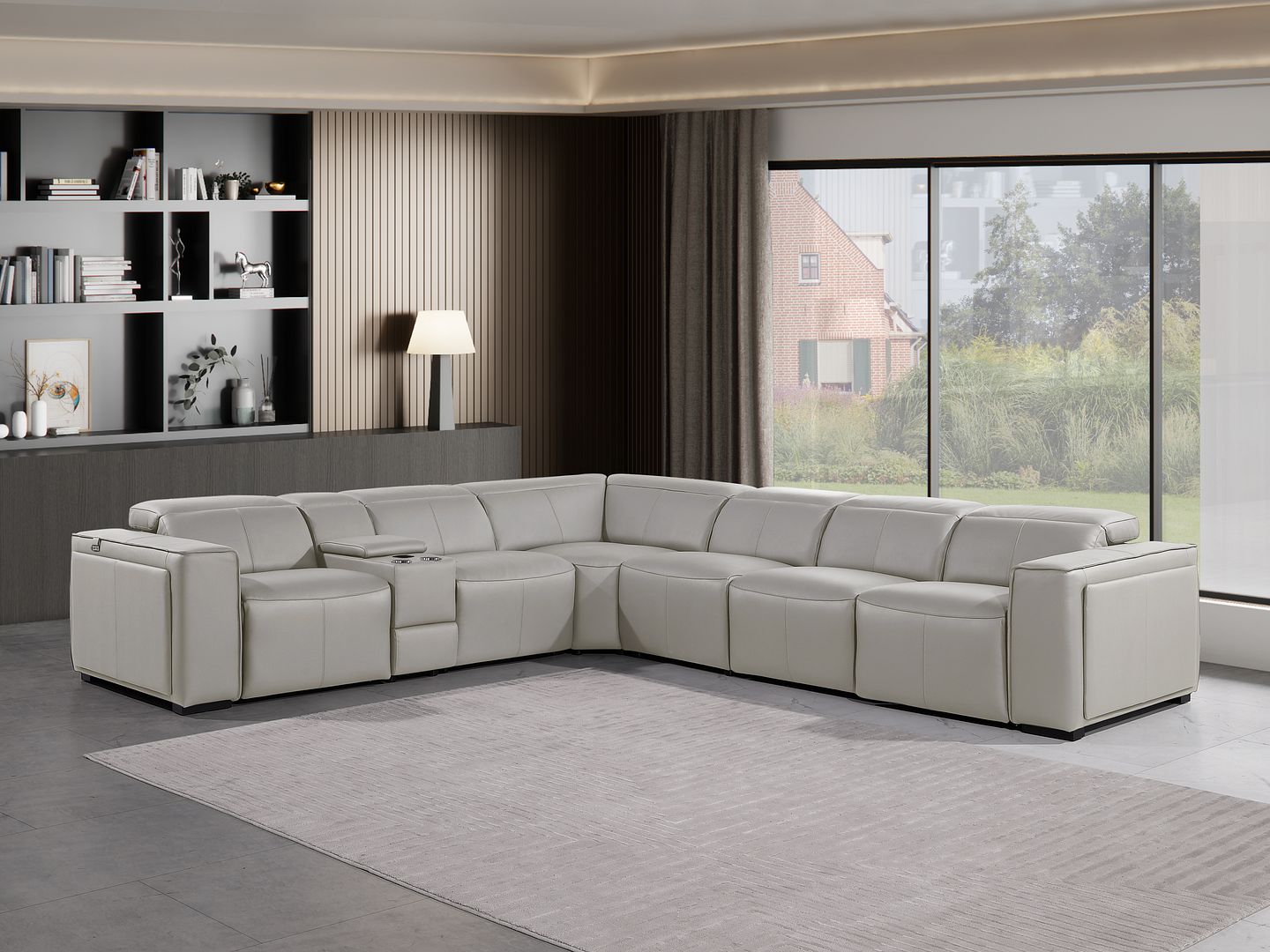 1224 Divanitalia 7-Piece L-Shaped Sectional Sofa in Top Grain Italian Leather with 4 Power Recliners & Power Headrests - Light Grey
