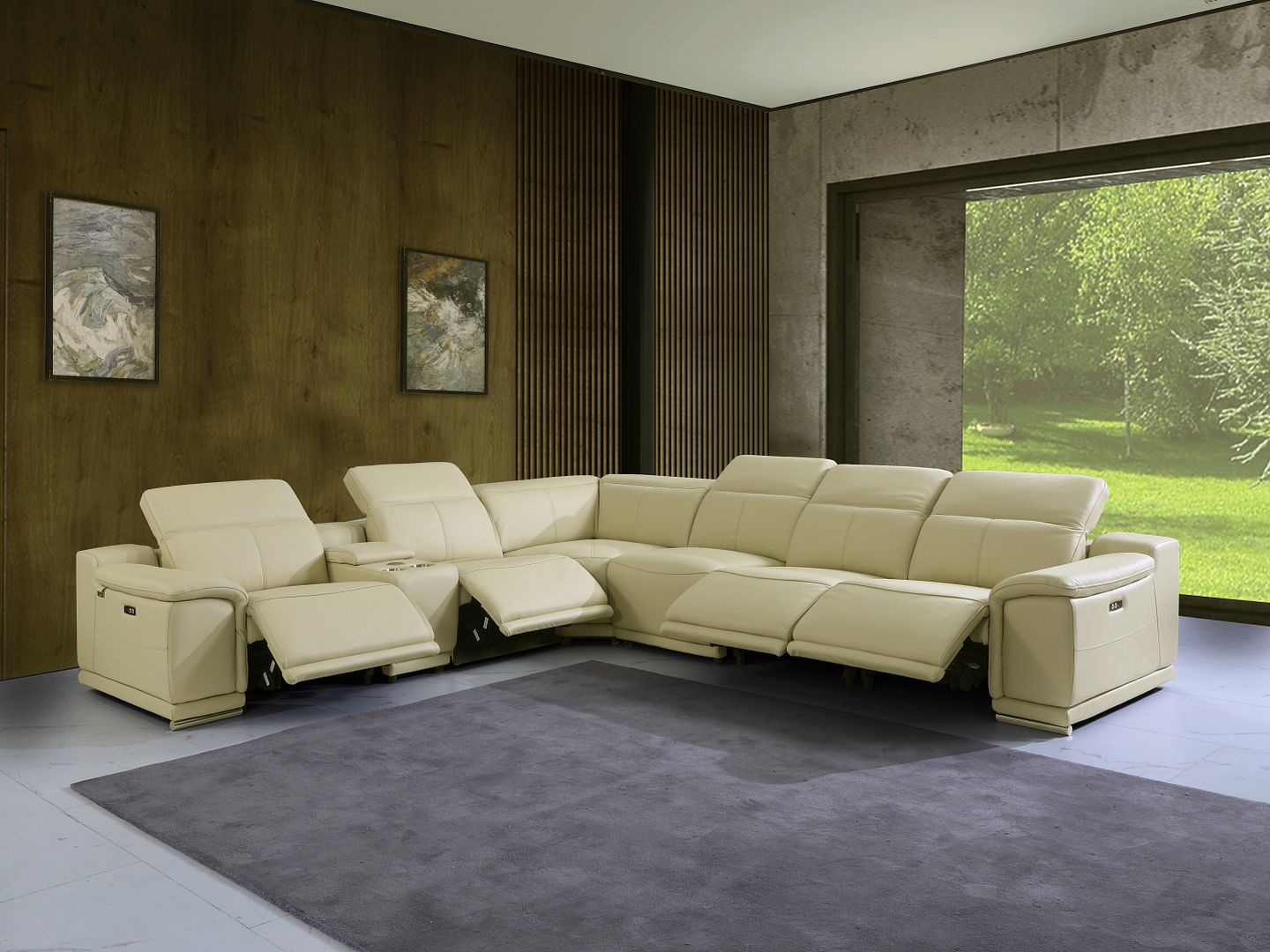 9762 Divanitalia 7-Piece L-Shaped Top Grain Italian Leather Sectional Sofa with 4 Power Recliners - Beige