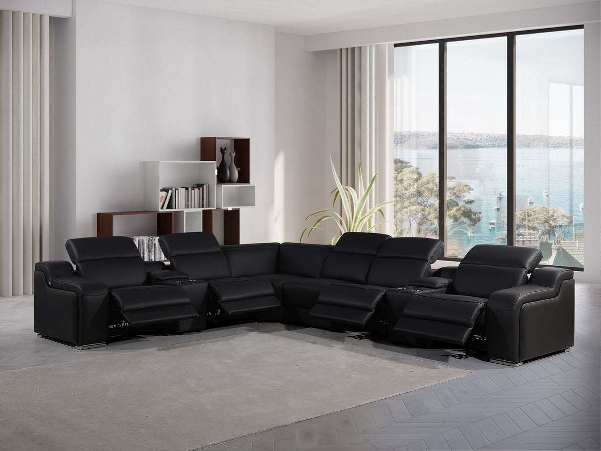 1116 Divanitalia 8-Piece L-Shaped Sectional Sofa in Top Grain Italian Leather with 4 Power Recliners & Power Headrests - Black - SKU 1116-BLACK-8PC-4PWR-SECTIONAL - GROUP