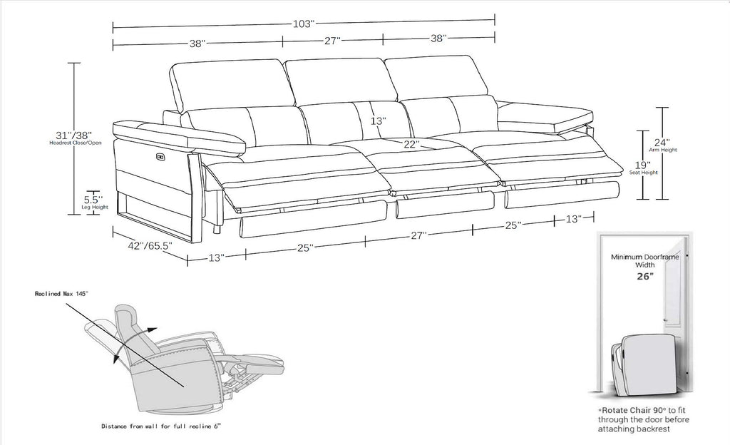1246 Divanitalia Modular Power Triple Reclining Sofa with Power Reclining Headrests - Top Grain Italian Leather - Black - SKU 1246-BLACK-3.3-HT - view 13