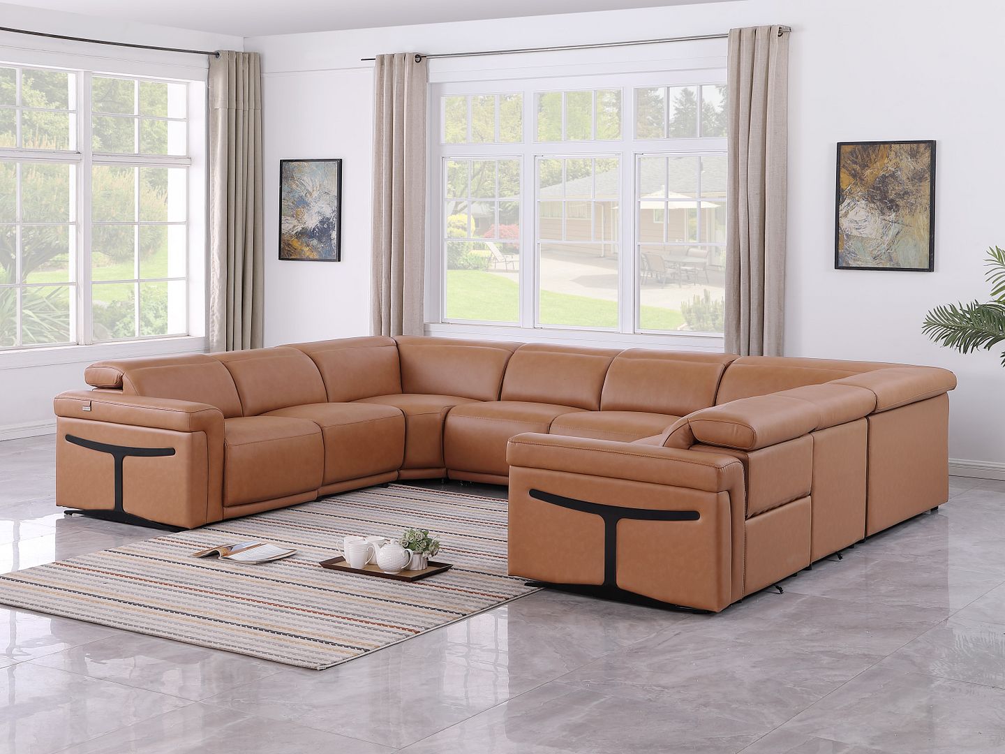 1126 Divanitalia 8-Piece U-Shaped Sectional Sofa in Top Grain Italian Leather with 4 Power Recliners & Power Headrests - Cognac