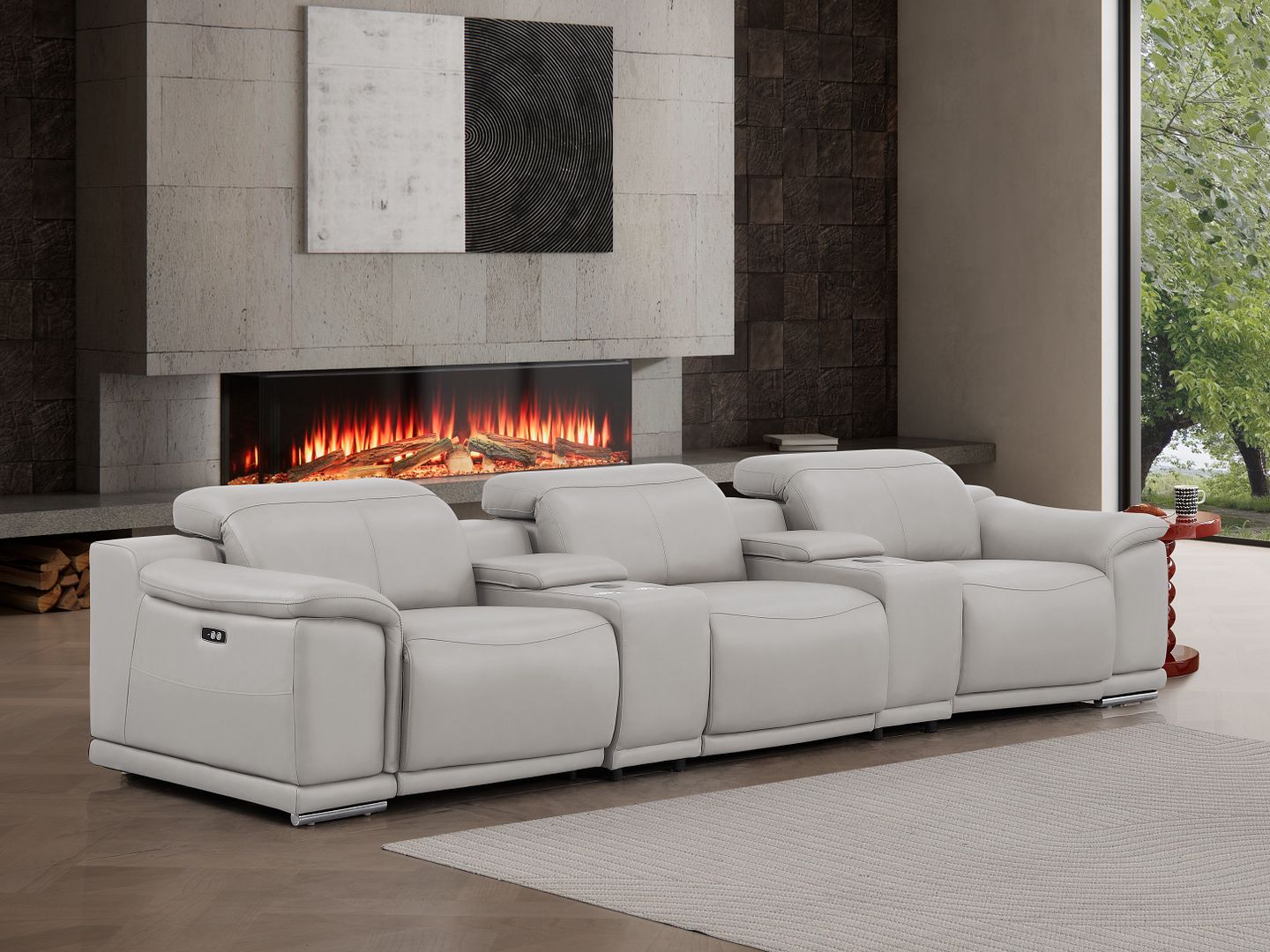 2679 Genuine Leather Sofa with 3 Power Recliners & Dual Storage Consoles - Light Grey