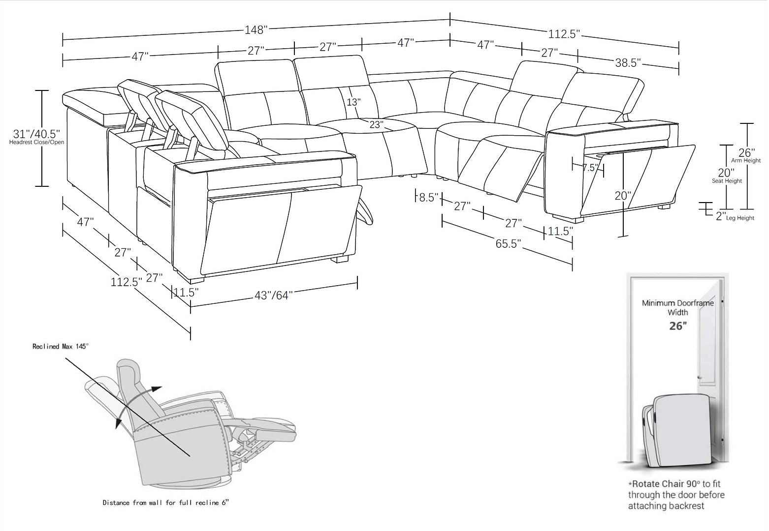 1224 Divanitalia 8-Piece L-Shaped Sectional Sofa in Top Grain Italian Leather with 4 Power Recliners & Power Headrests
