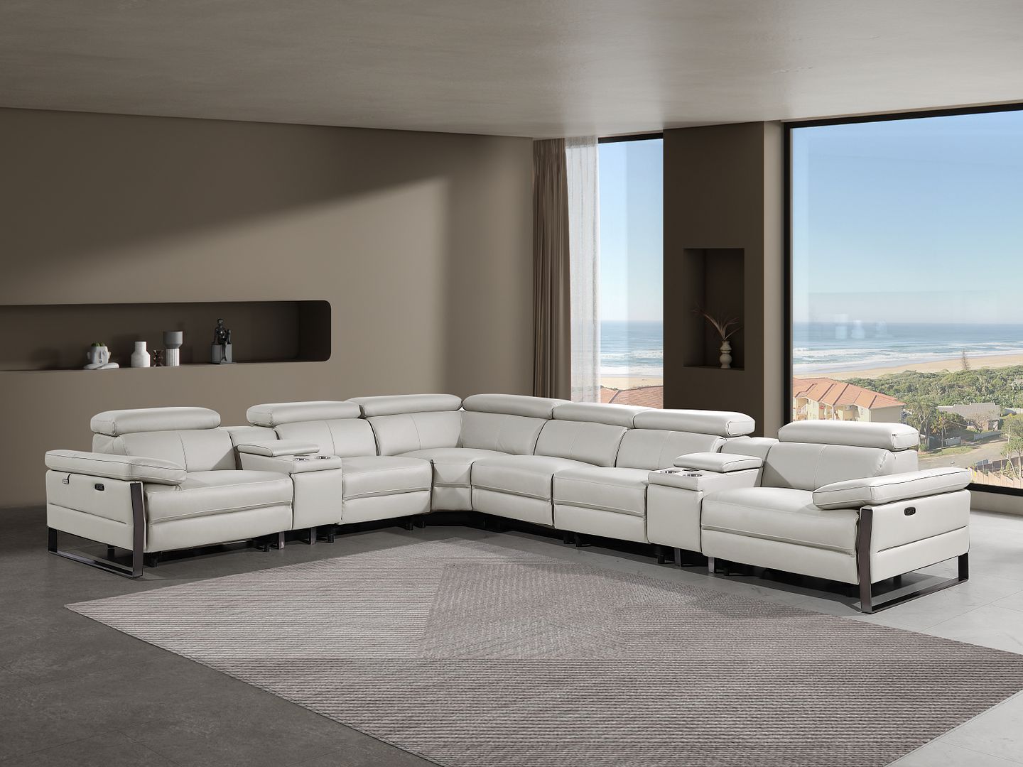 1246 Divanitalia 8-Piece L-Shaped Modular Power Reclining Sectional Sofa with 4 Power Recliners and Power Headrests - Top Grain Italian Leather - Light Grey