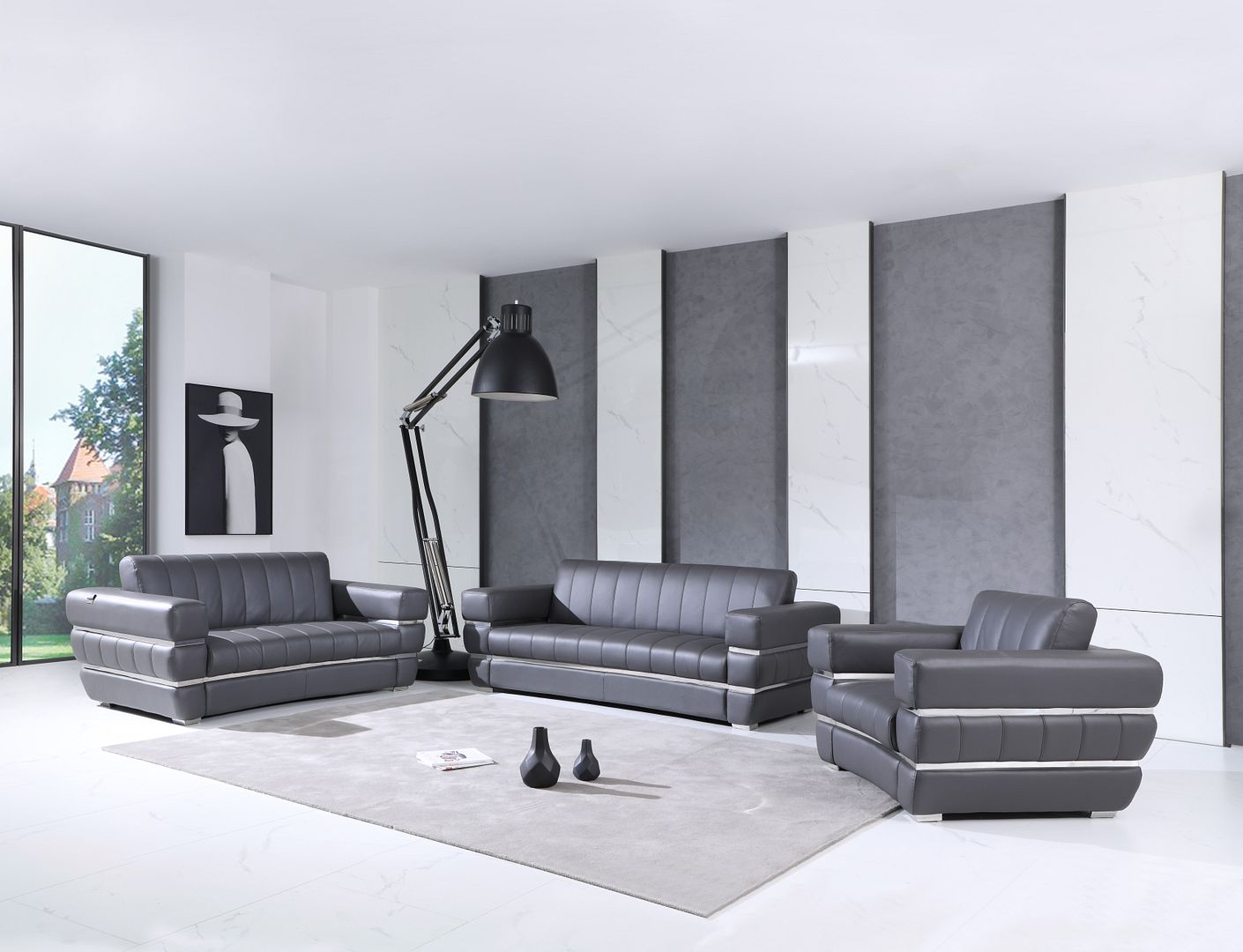 904 Divanitalia 3-Piece Sofa Set in Top-grain Italian Leather - Dark Grey - SKU 904- DARK GRAY 3PC (S/L/CH) - GROUP