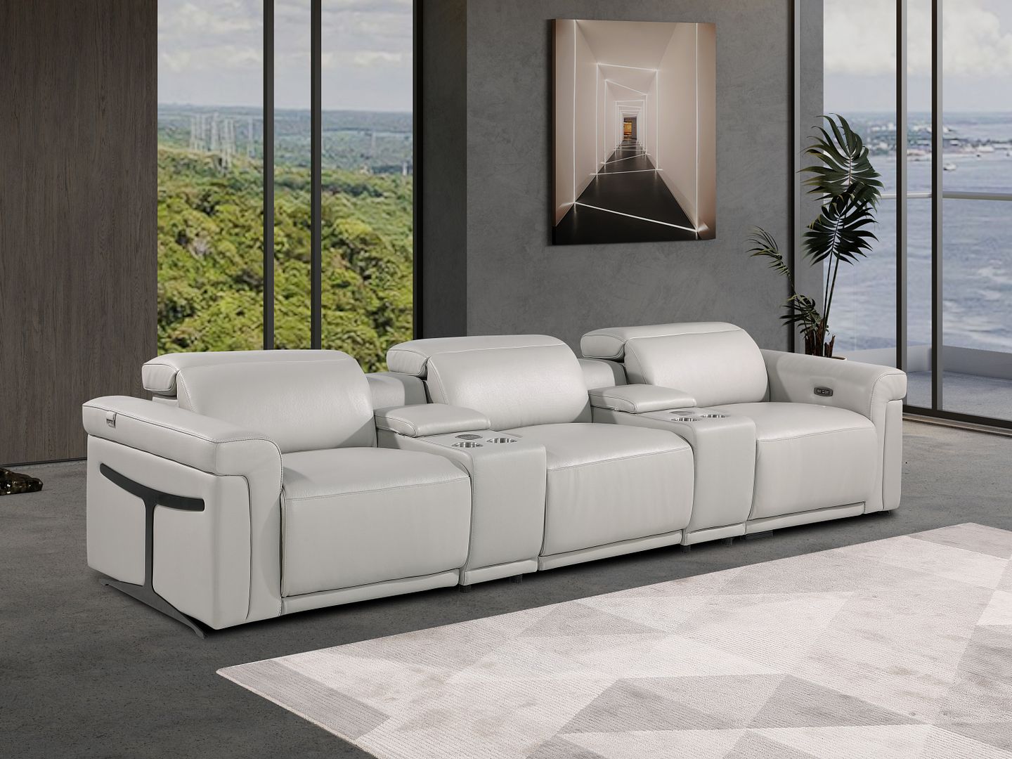 1126 Divanitalia 5-Piece Modular Power Reclining Sofa in Top Grain Italian Leather with 3 Power Recliners & Power Headrests - Light Grey