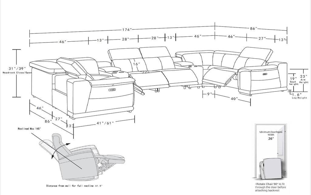 9762 Divanitalia 8-Piece U-Shaped Top Grain Italian Leather Sectional Sofa with 4 Power Recliners