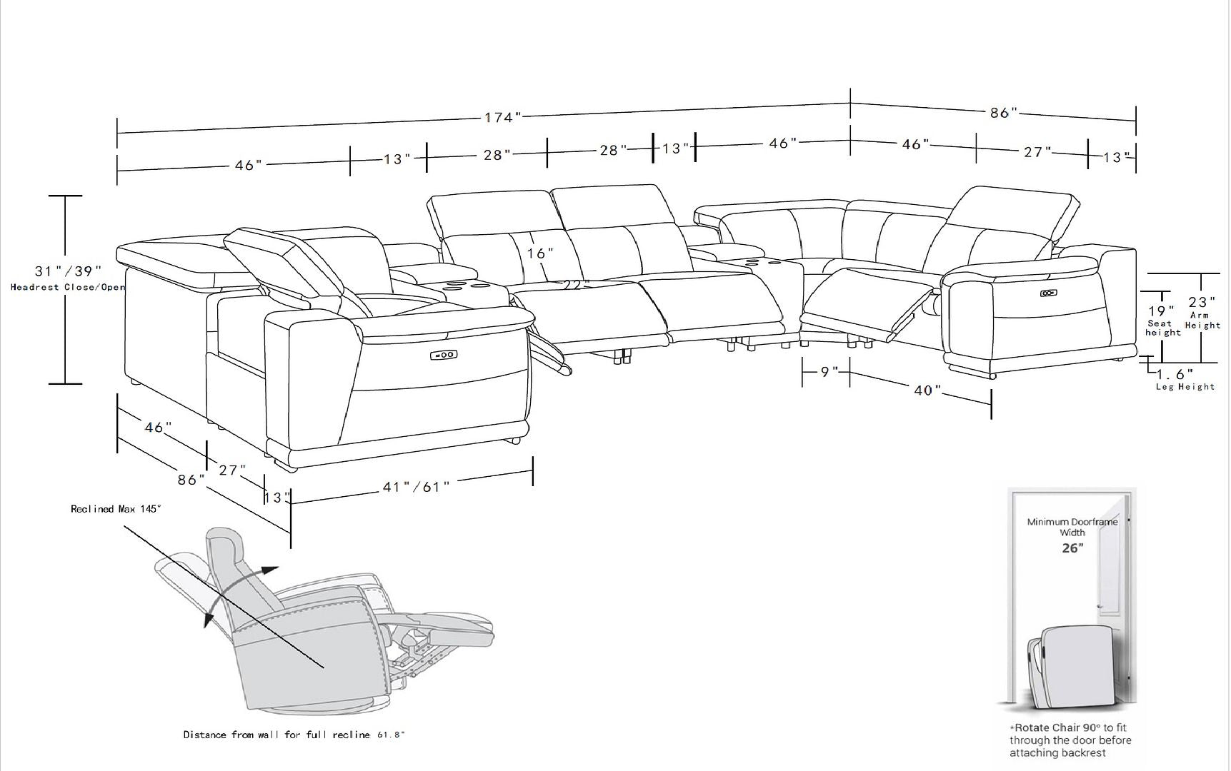 9762 Divanitalia 8-Piece U-Shaped Top Grain Italian Leather Sectional Sofa with 4 Power Recliners