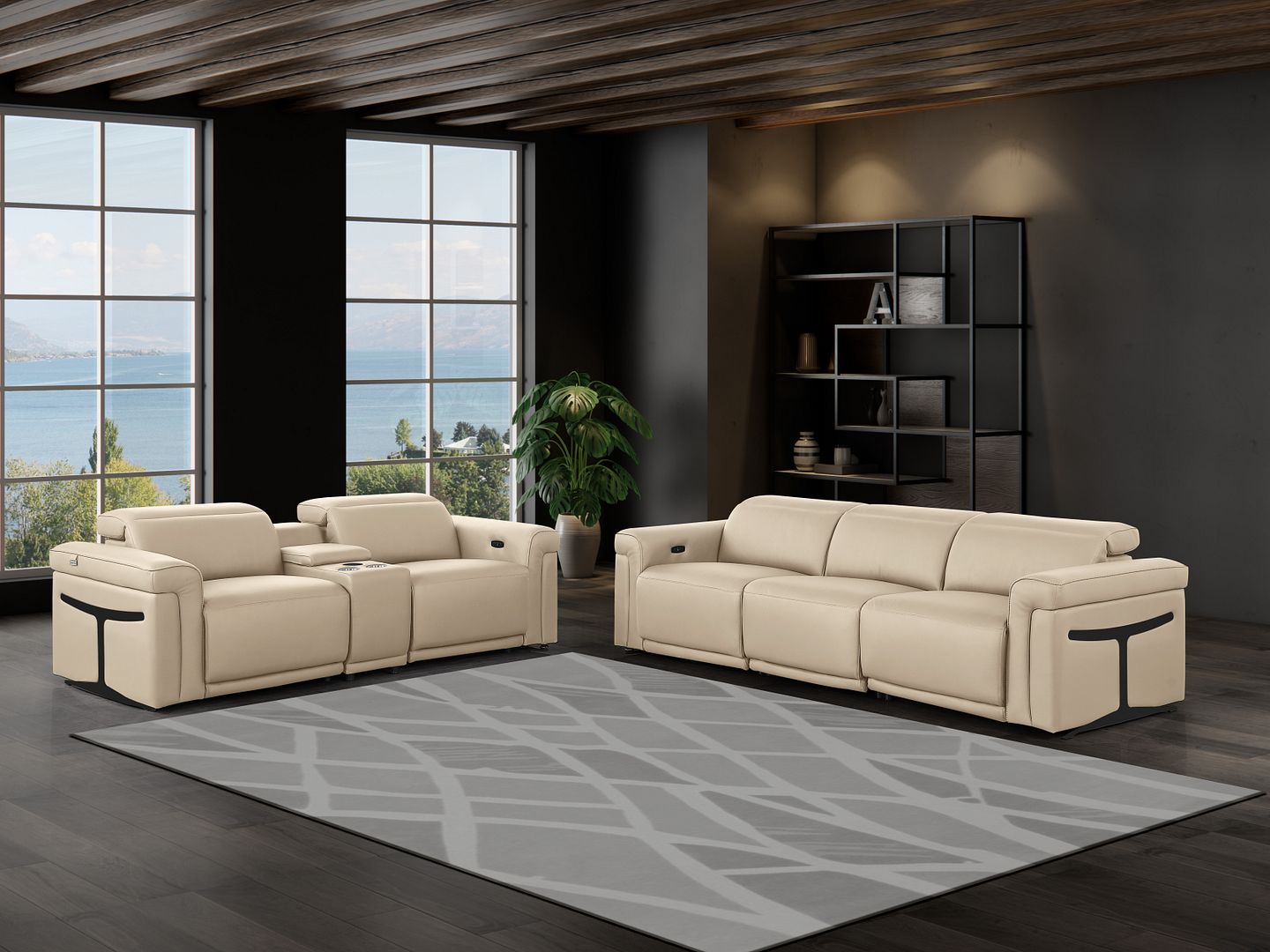 1126 Divanitalia 6-Piece Modular Power Reclining Sofa and Console Loveseat Set in Top Grain Italian Leather with 5 Power Recliners & Power Headrests - Beige