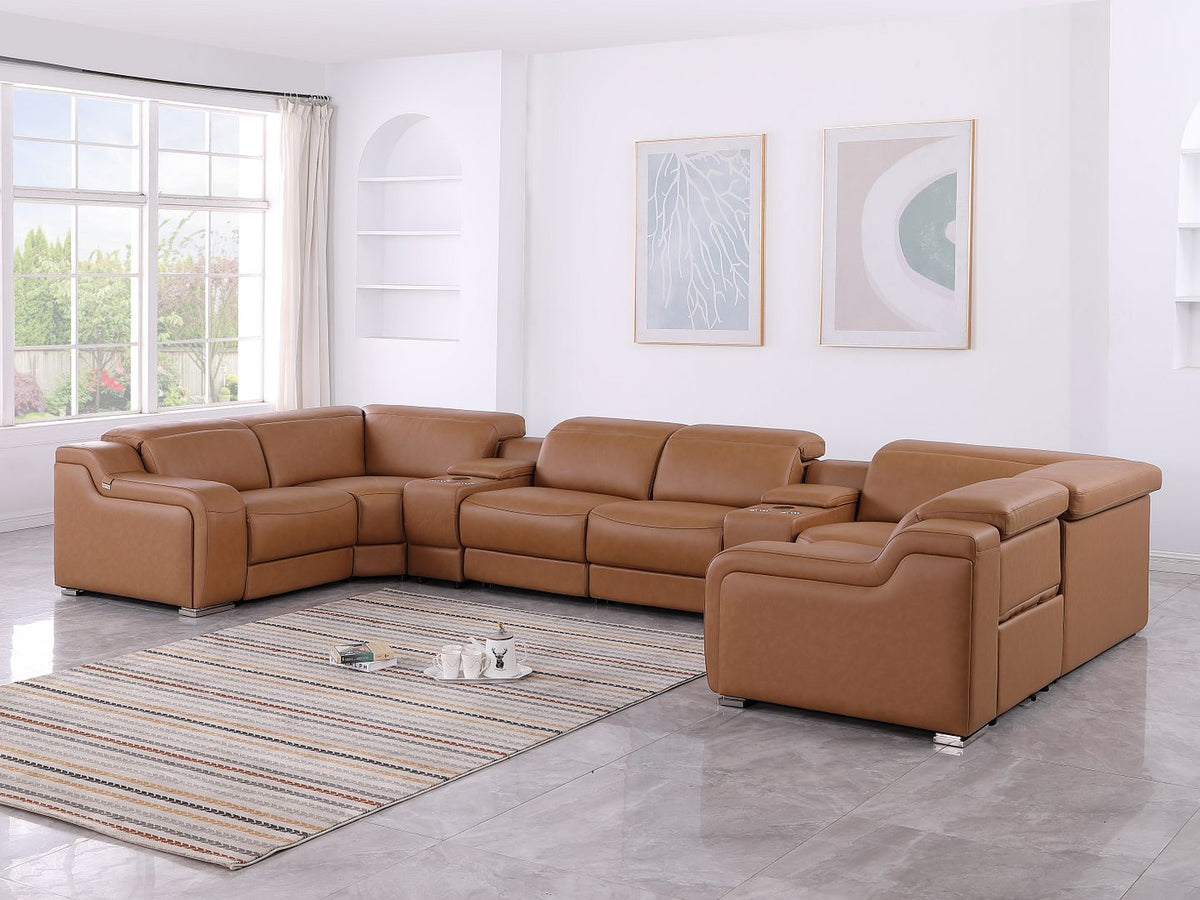 1116 Divanitalia 8-Piece U-Shaped Sectional Sofa in Top Grain Italian Leather with 2 Power Recliners & Power Headrests - Cognac - SKU 1116-COGNAC-8PC-2PWR-U-SECTIONAL-GROUP