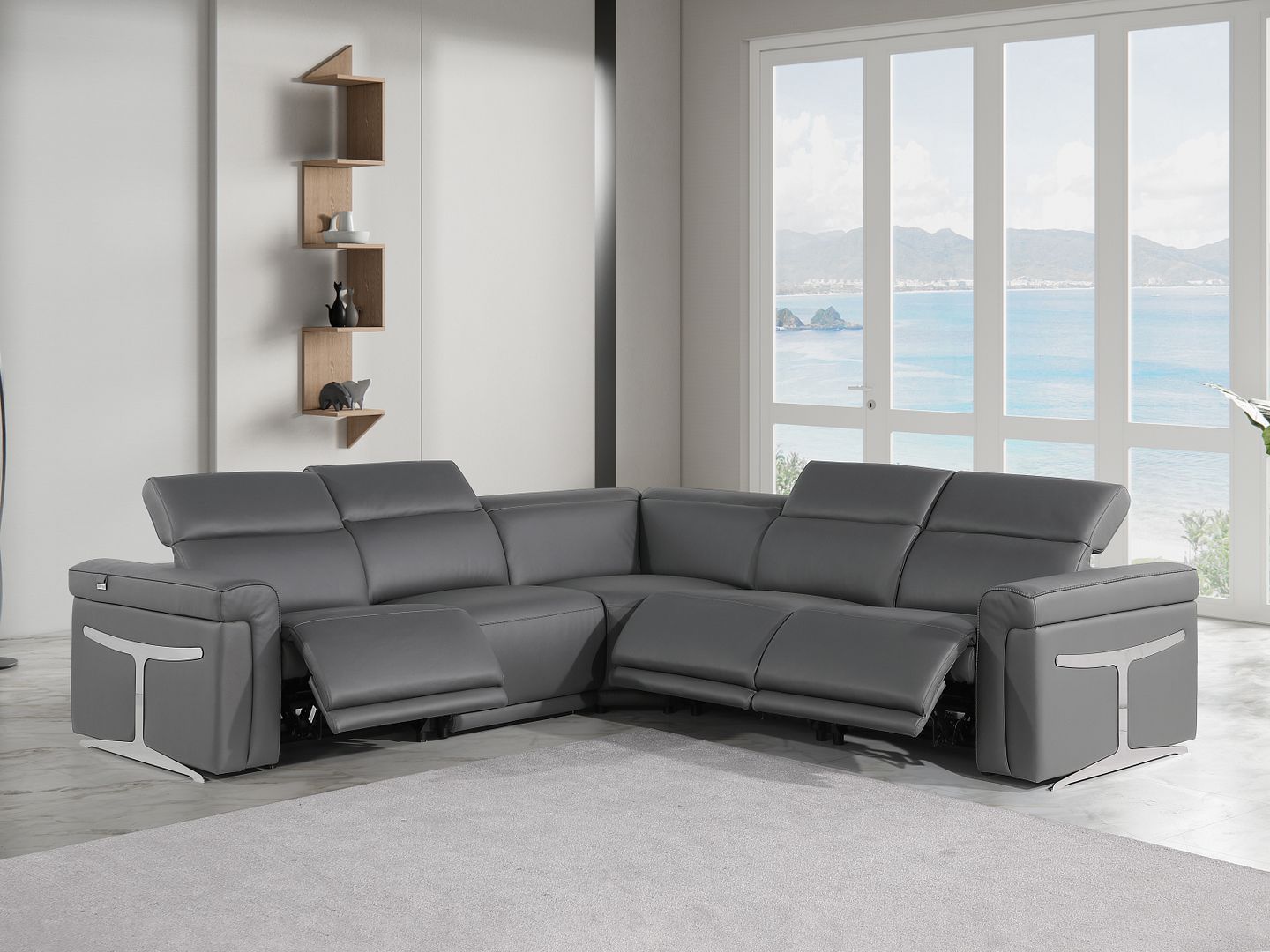 1126 Divanitalia 5-Piece L-Shaped Sectional Sofa in Top Grain Italian Leather with 3 Power Recliners & Power Headrests - Dark Grey