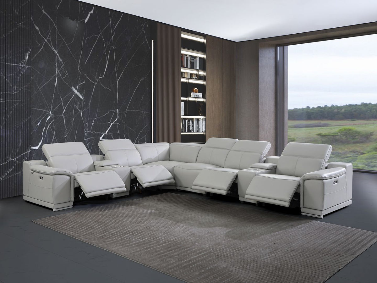 9762 Divanitalia 8-Piece L-Shaped Top Grain Italian Leather Sectional Sofa with 4 Power Recliners - Light Grey - SKU 9762-8PC-4PWR-SECTIONAL- LIGHT GREY-GROUP