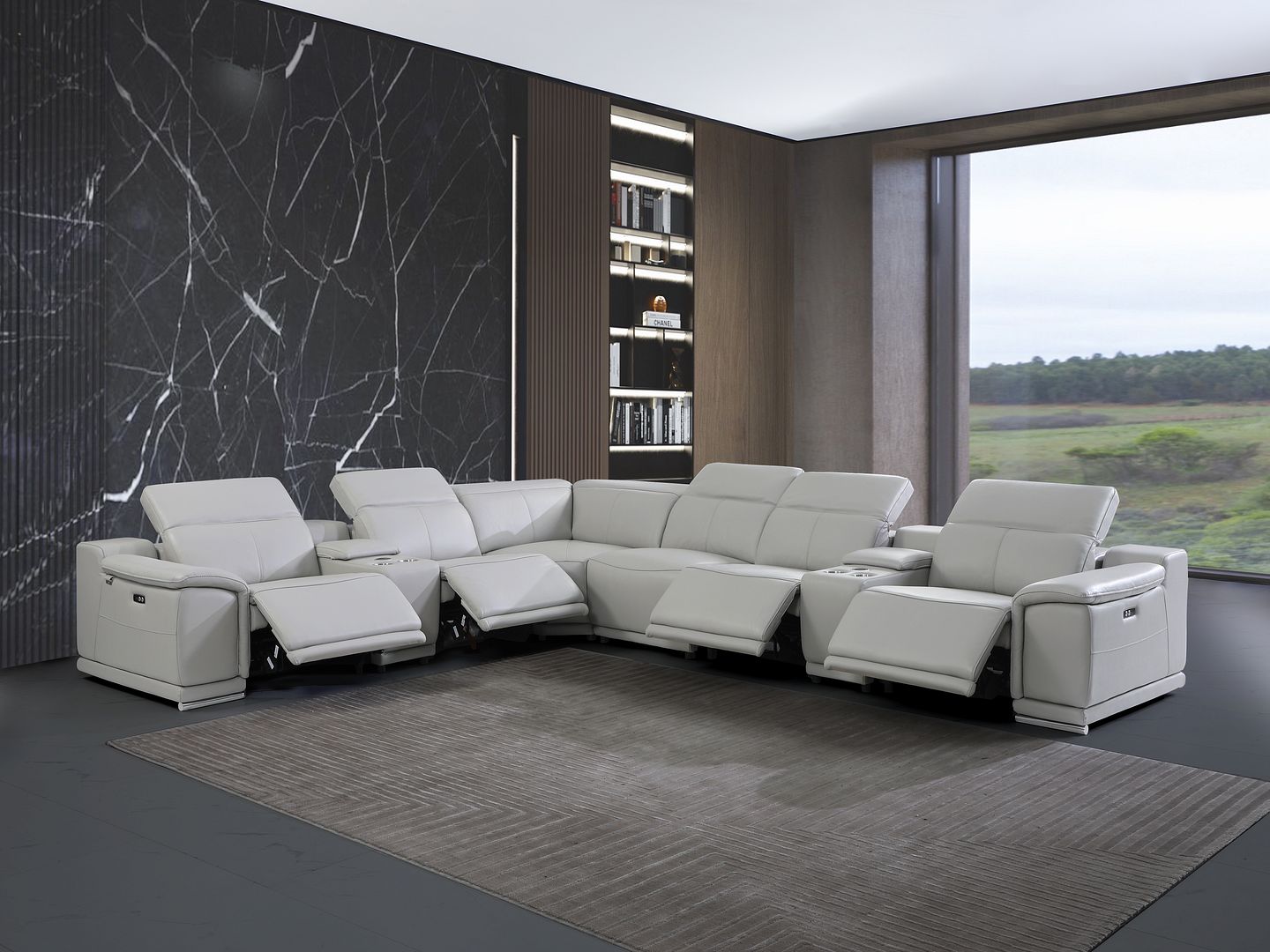 9762 Divanitalia 8-Piece L-Shaped Top Grain Italian Leather Sectional Sofa with 4 Power Recliners - Light Grey