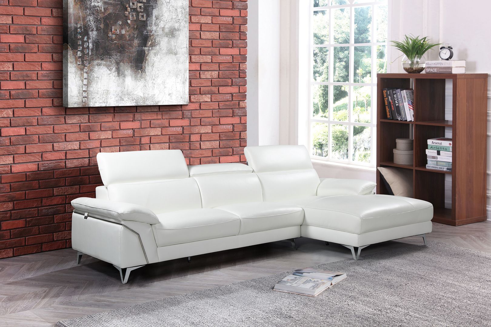 727 Divanitalia Right Arf Facing Sectional Sofa with Adjustable Headrest in Top-grain Italian Leather - White