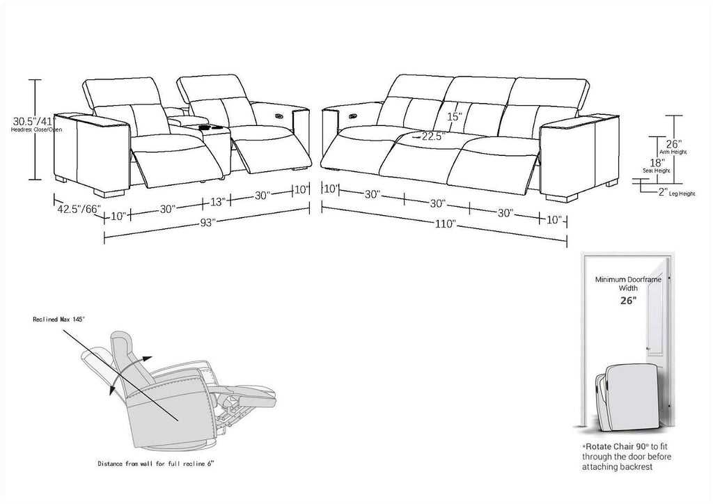1208 Leather Reclining Set - Sofa, Loveseat & Chair with 5 Power Recliners - White - SKU 1208-WHITE-6.5-HT-3PC - view 16