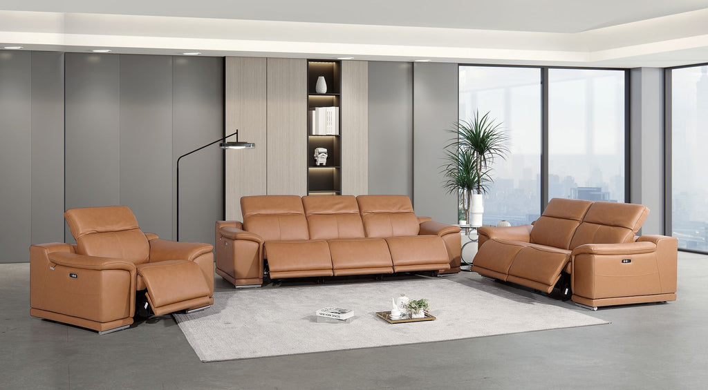 9762 Divanitalia 6-Piece Modular Power Reclining Sofa, Loveseat and Chair Set with 6 Power Recliners in Top Grain Italian Leather - Cognac - SKU 9762-COGNAC-6.6-HT-3PC - view 2