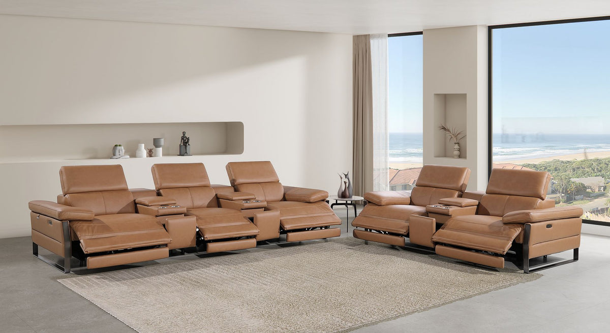 1246 Divanitalia Modular Power Reclining Dual Console Sofa and Console Loveseat Set with Power Headrests - Top Grain Italian Leather - Cognac - SKU 1246-COGNAC-8.5-HT-2PC - view 2