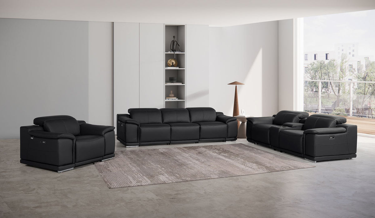 9762 Divanitalia 7-Piece Modular Power Reclining Sofa, Loveseat and Chair Set with 5 Power Recliners in Top Grain Italian Leather - Black - SKU 9762-BLACK-7.5-HT-3PC