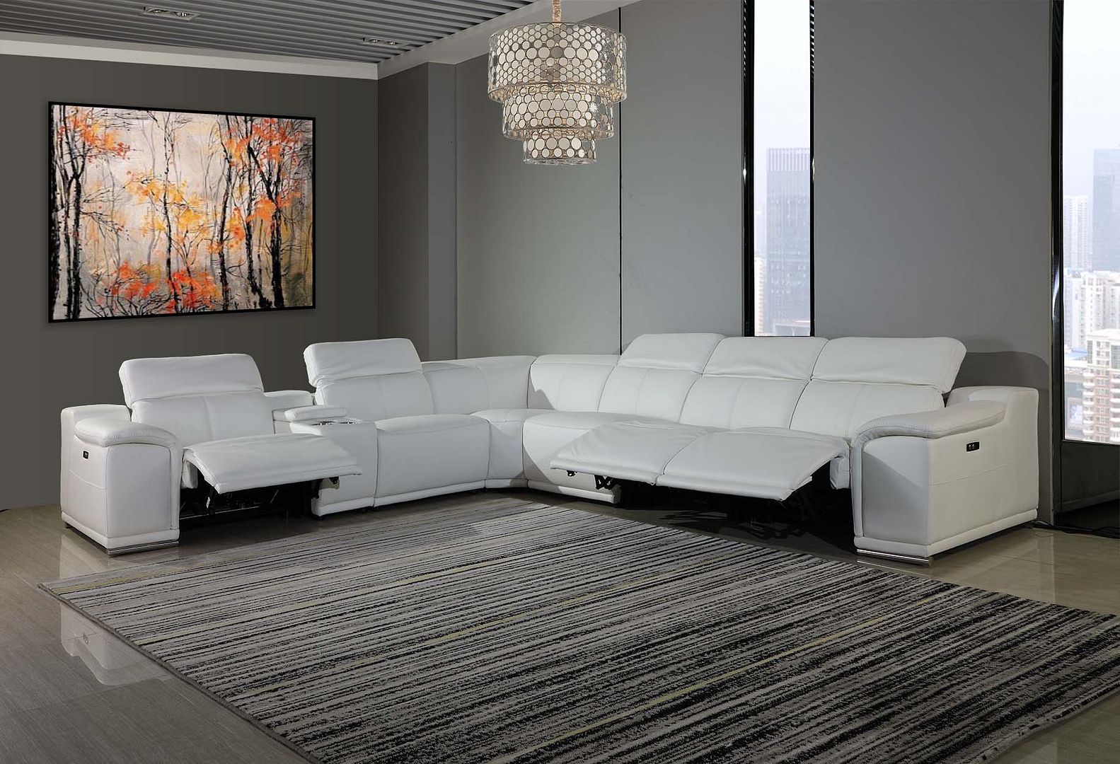 9762 Divanitalia 7-Piece L-Shaped Top Grain Italian Leather Sectional Sofa with 4 Power Recliners - White