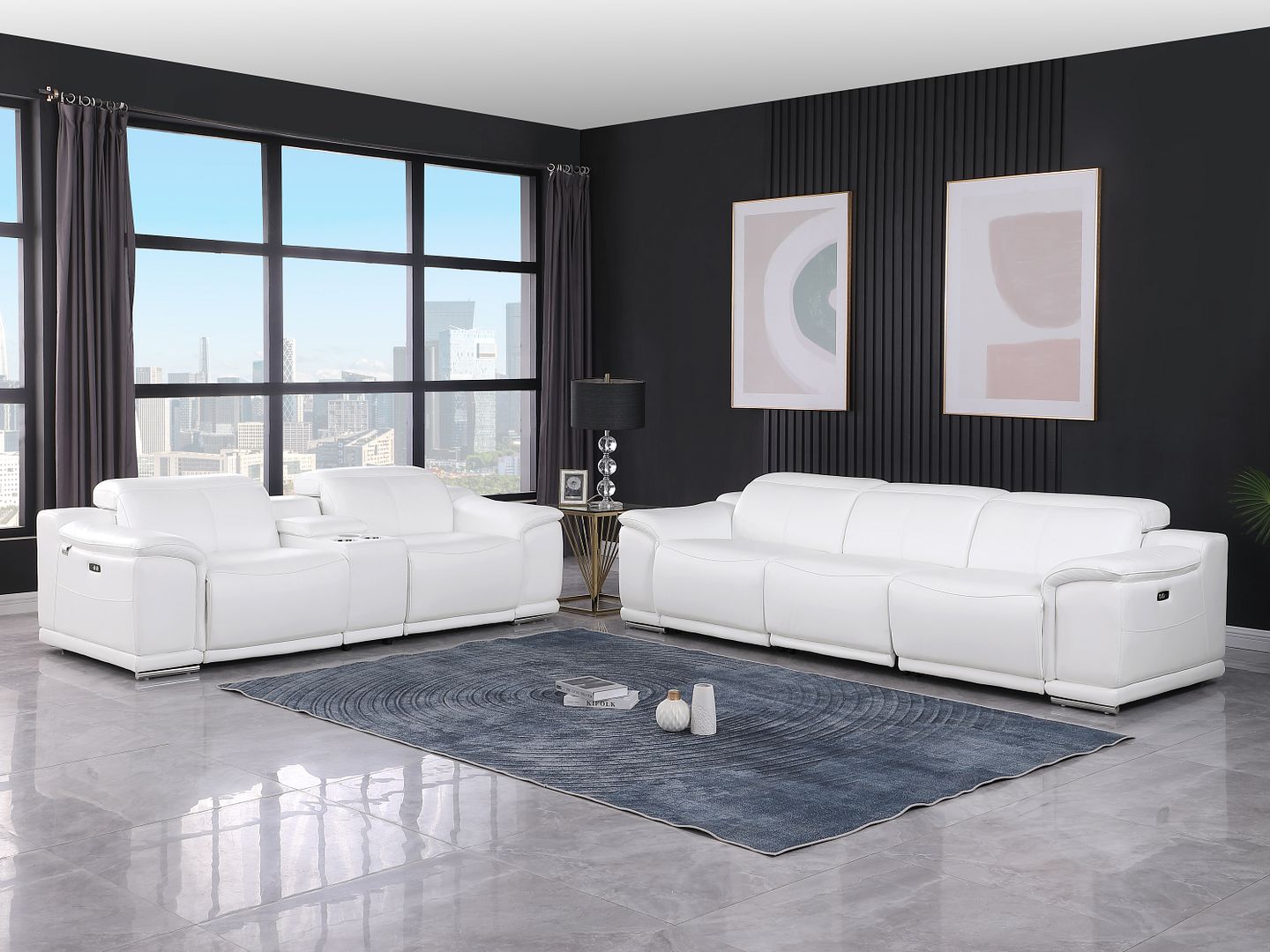 9762 Divanitalia 6-Piece Modular Power Reclining Sofa and Console Loveseat Set with 5 Power Recliners in Top Grain Italian Leather - White