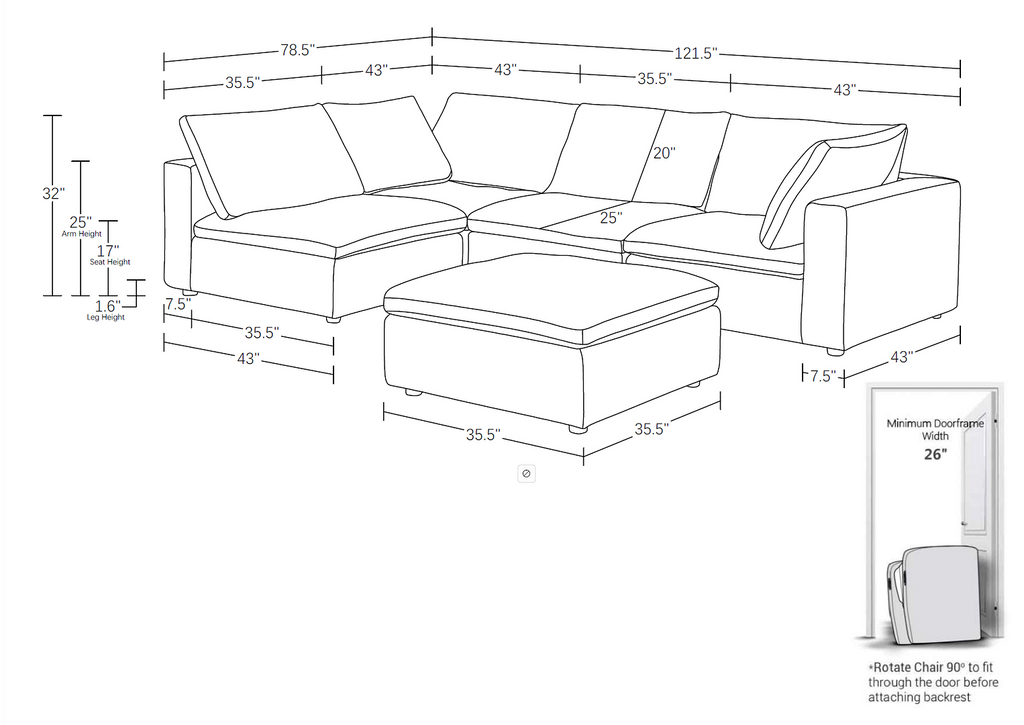 1100 Divanitalia 5-Piece Left Arm Facing 3-Seat Sectional Sofa - Top-grain Italian Leather