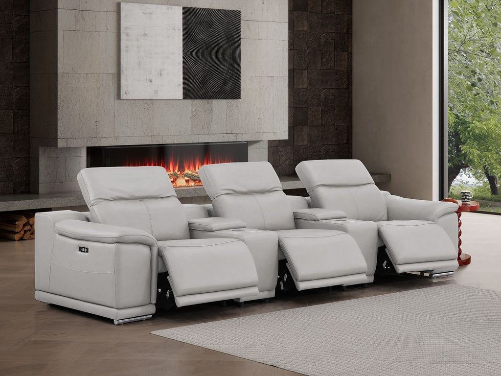 2679 Genuine Leather Sofa with 3 Power Recliners & Dual Storage Consoles