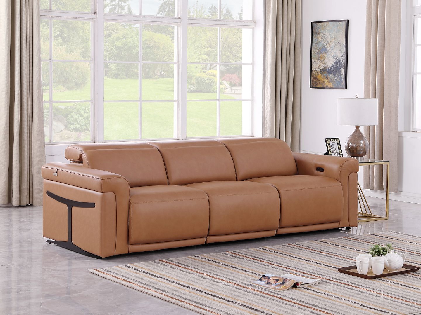 1126 Divanitalia 3-Piece Modular Power Reclining Sofa in Top Grain Italian Leather with 2 Power Recliners & Power Headrests - Cognac