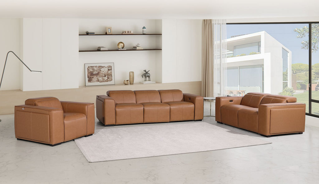 1224 Divanitalia 6-Piece Modular Power Reclining Sofa, Loveseat & Chair Set in Top Grain Italian Leather with 6 Power Recliners & Power Headrests - Cognac