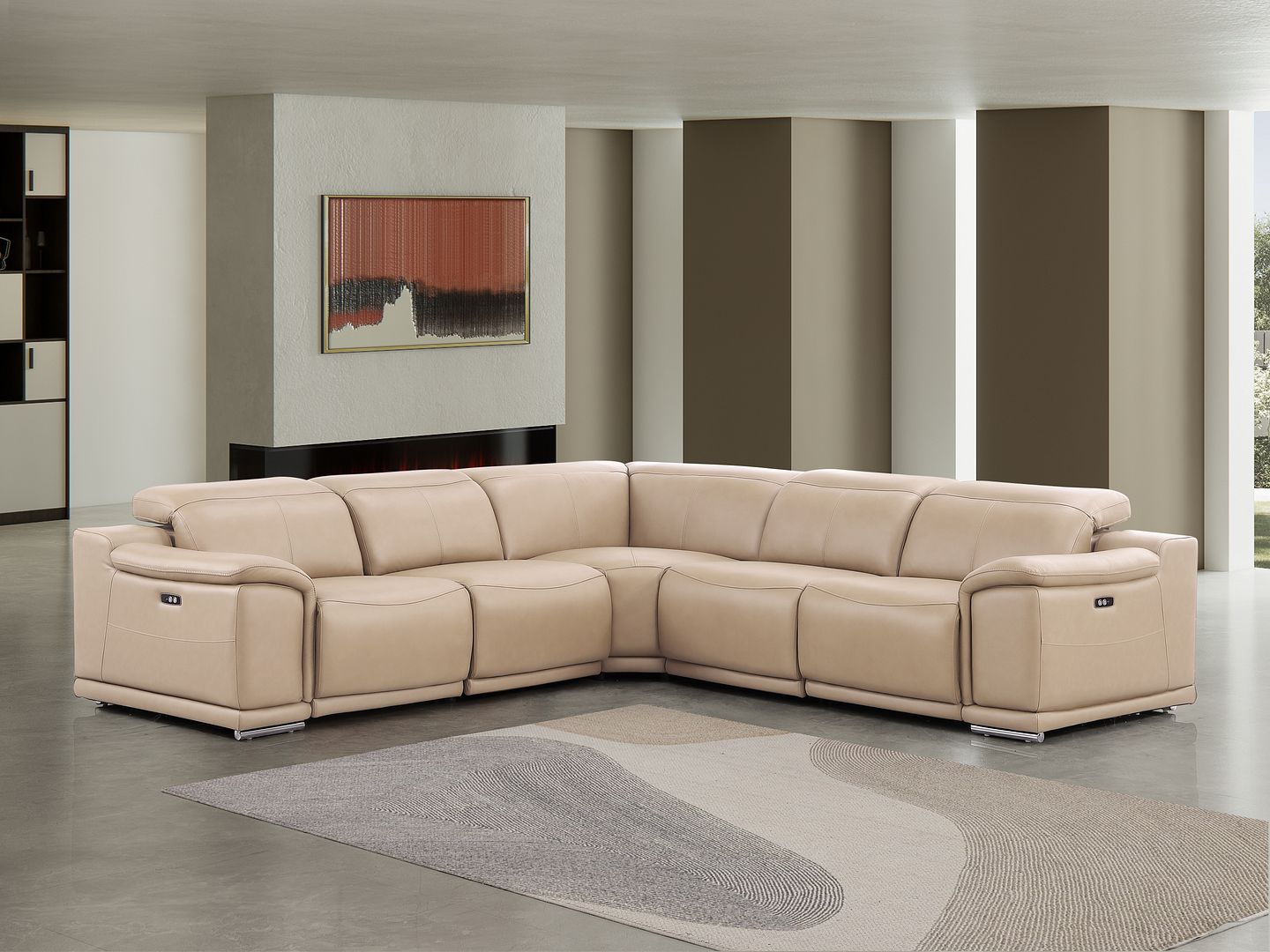 2679 5-Piece L-Shaped Power Reclining Sectional Sofa in Genuine Leather - 3 Recliners - Beige