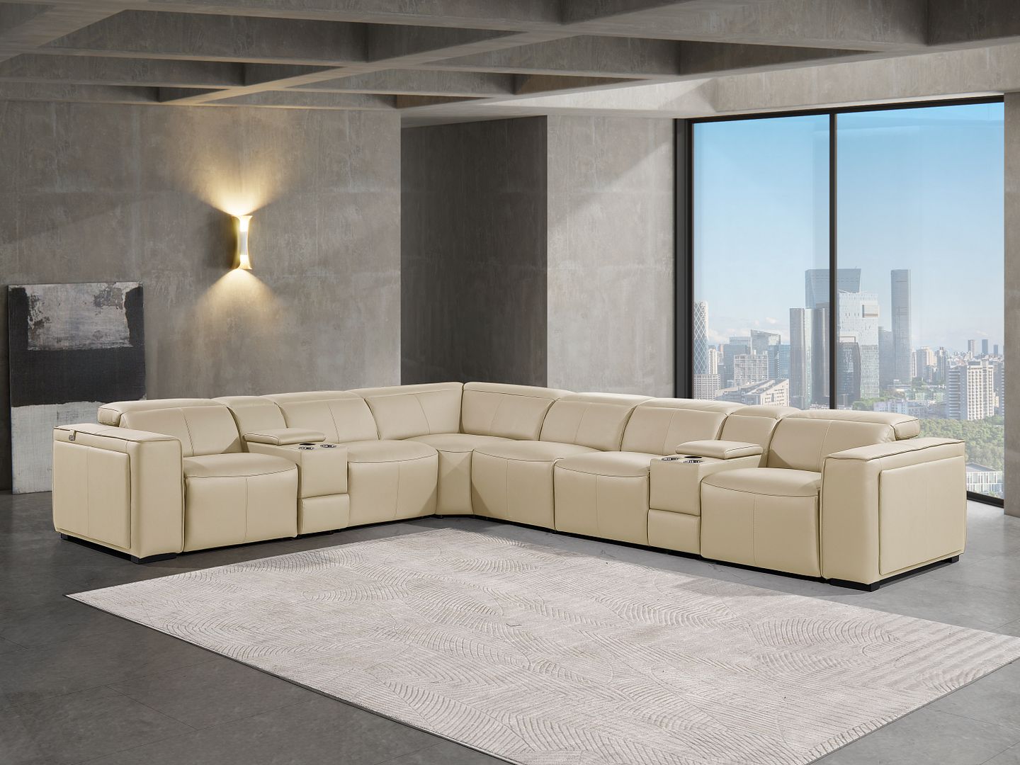 1224 Divanitalia 8-Piece L-Shaped Sectional Sofa in Top Grain Italian Leather with 4 Power Recliners & Power Headrests - Beige