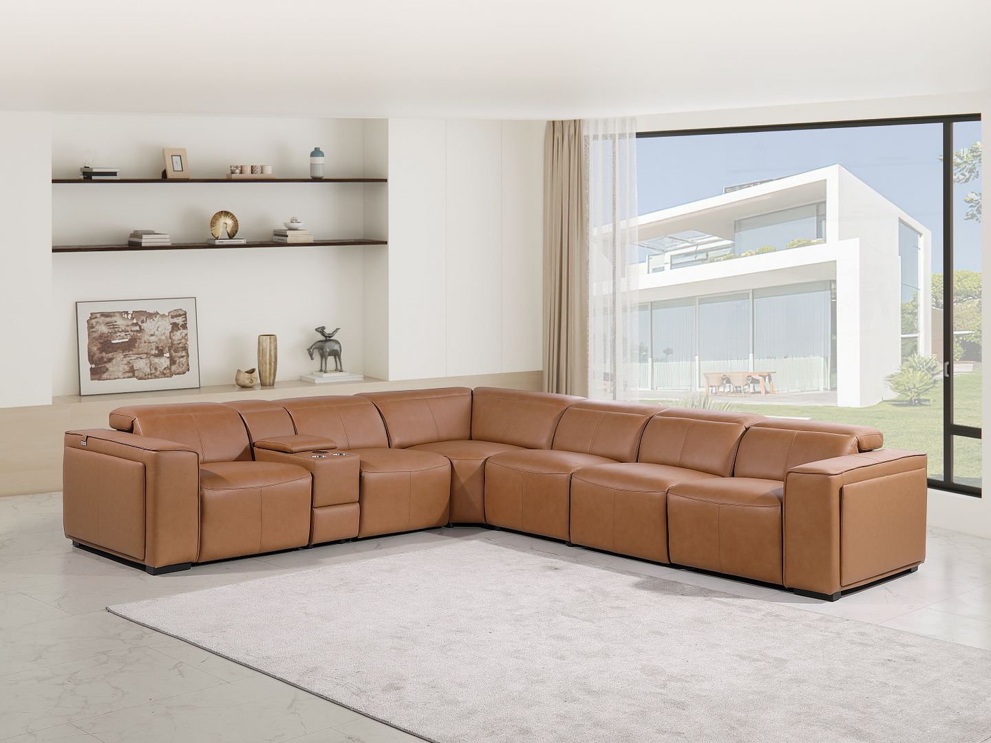 1224 Divanitalia 7-Piece L-Shaped Sectional Sofa in Top Grain Italian Leather with 4 Power Recliners & Power Headrests - Cognac