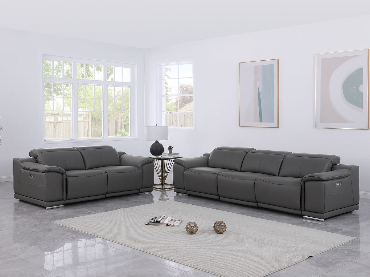 9762 Divanitalia 5-Piece Modular Power Reclining Sofa and Loveseat Set with 5 Power Recliners in Top Grain Italian Leather - Dark Grey - SKU 9762-DK-GREY-5.4-HT-2PC