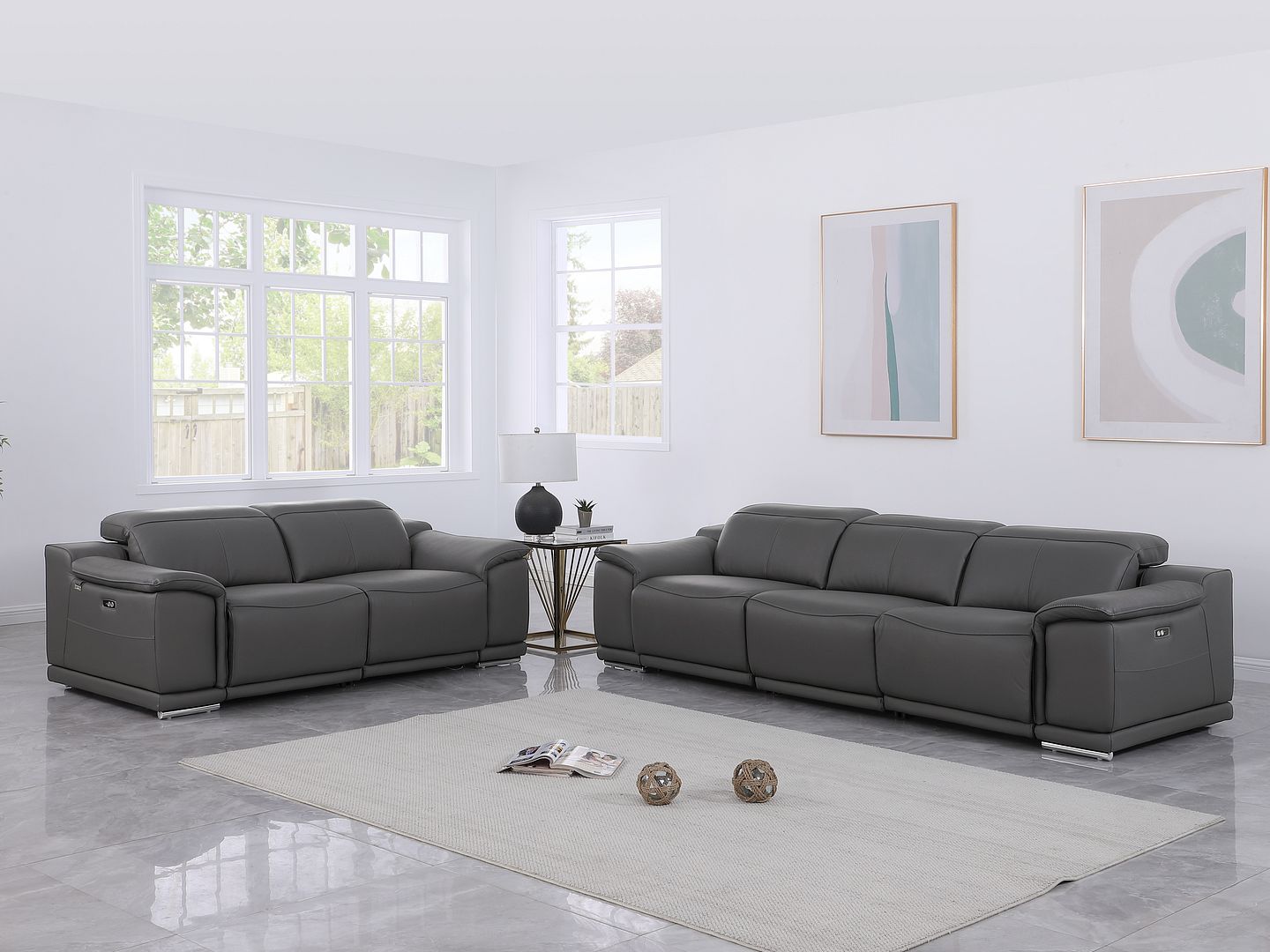 9762 Divanitalia 5-Piece Modular Power Reclining Sofa and Loveseat Set with 5 Power Recliners in Top Grain Italian Leather - Dark Grey
