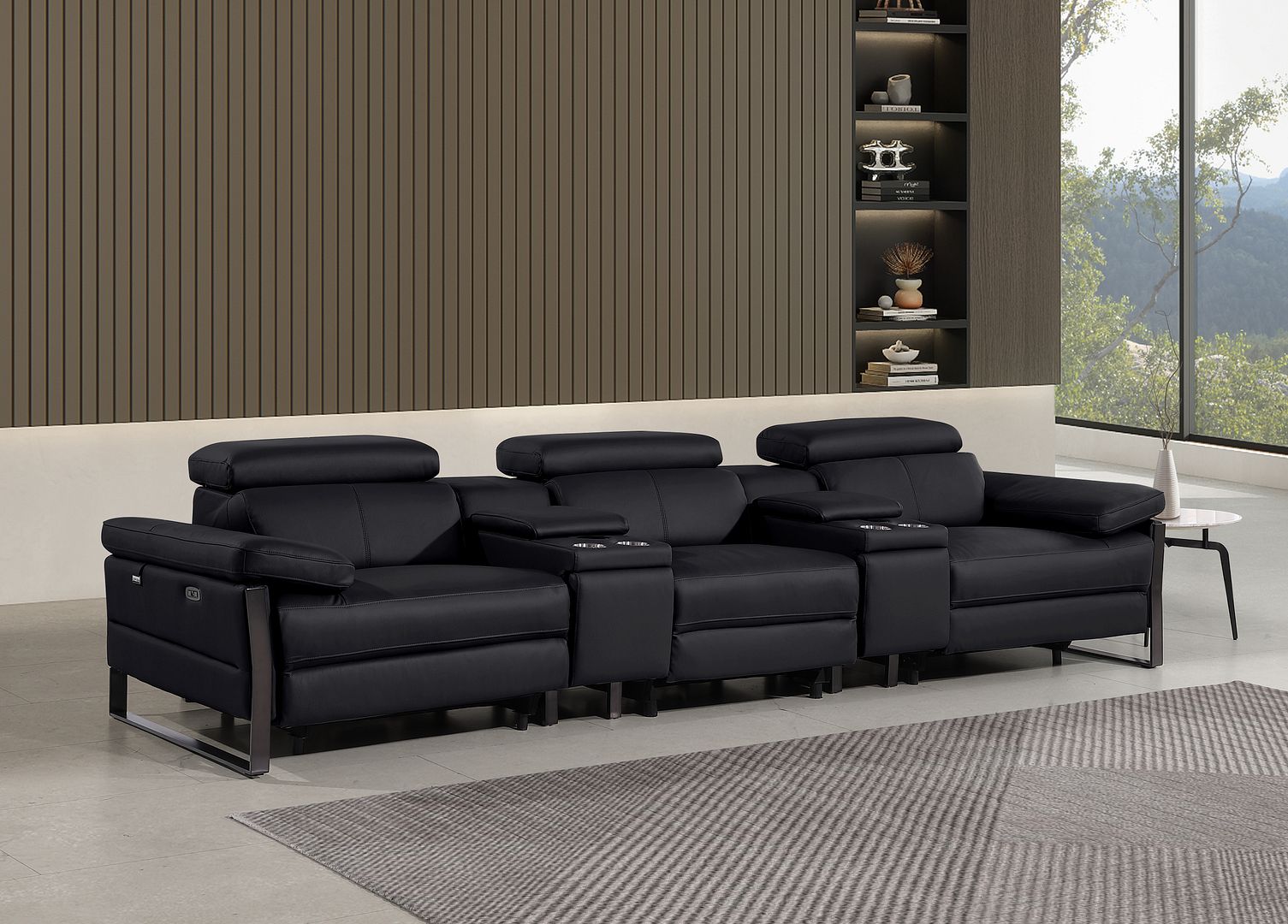 1246 Divanitalia Modular Power Triple Reclining Dual Console Sofa with Power Reclining Headrests - Top Grain Italian Leather - Black - SKU 1246-BLACK-5.3-HT