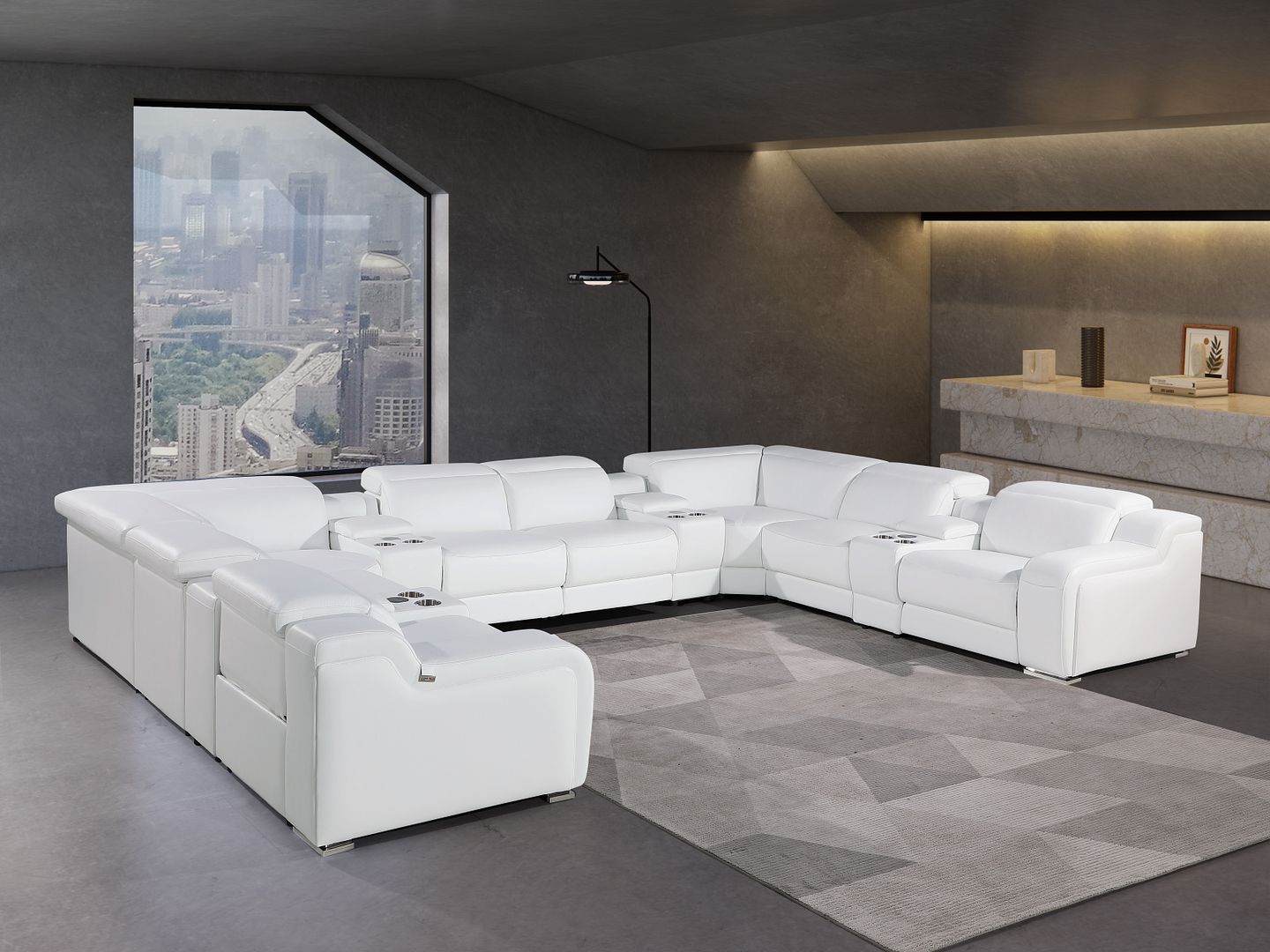 1116 Divanitalia 12-Piece U-Shaped Sectional Sofa in Top Grain Italian Leather with 4 Power Recliners & Power Headrests - White