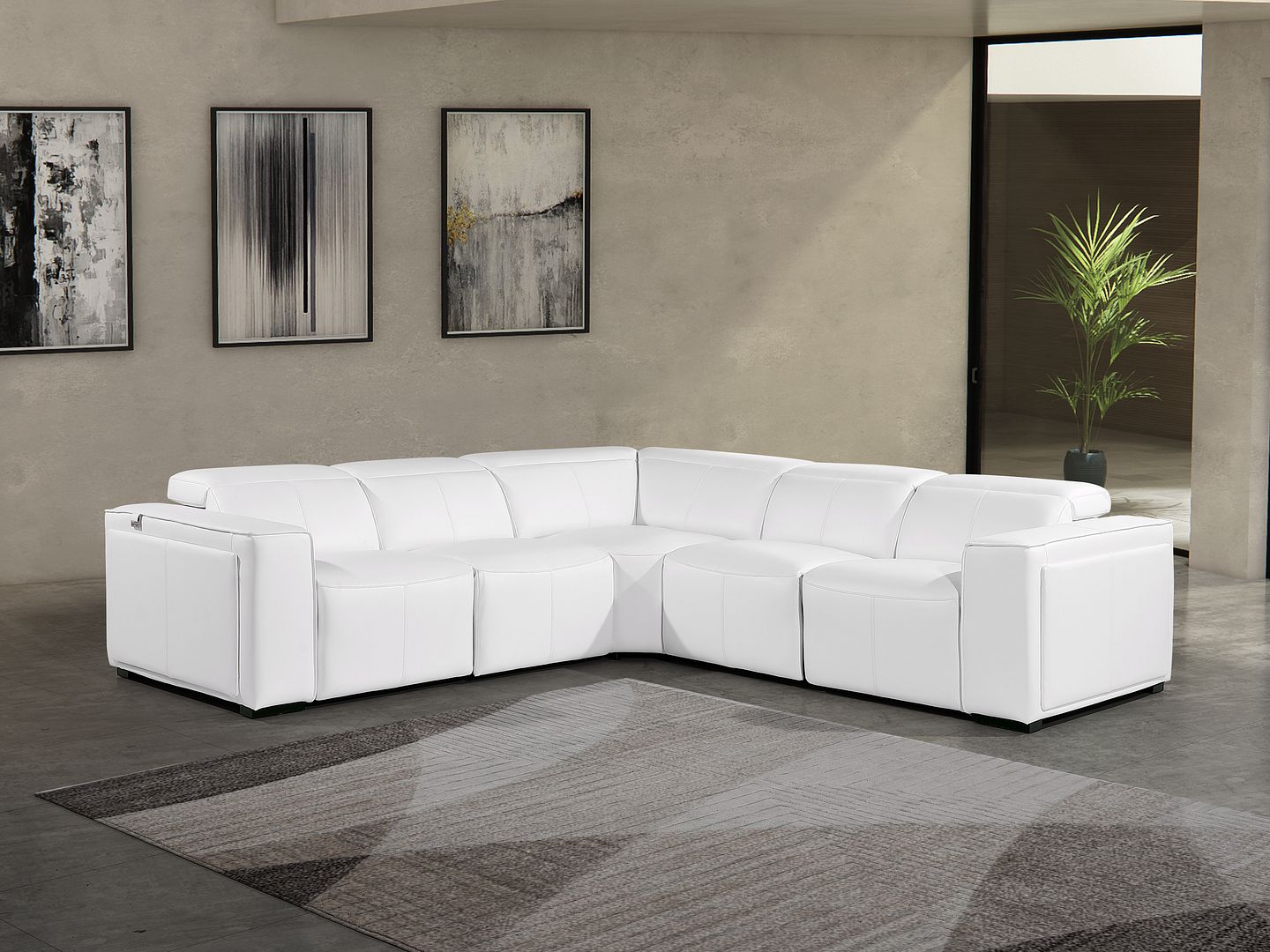 1224 Divanitalia 5-Piece L-Shaped Sectional Sofa in Top Grain Italian Leather with 3 Power Recliners & Power Headrests - White