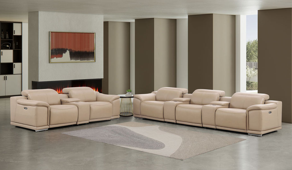 2679 Power Reclining Sofa and Loveseat in Genuine Leather - 5 Recliners with Power Headrests & 3 Consoles - Beige - SKU 2679-BEIGE-8.5-HT-2PC - view 2
